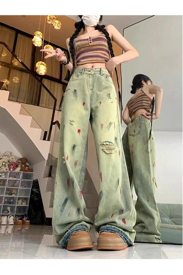 Fall Paint Splatter Grunge Wide-Leg Jeans for Y2K Aesthetic Lovers