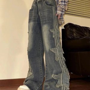 Fall Shredded Grunge Wide-Leg Jeans for Y2K Aesthetic Outfits