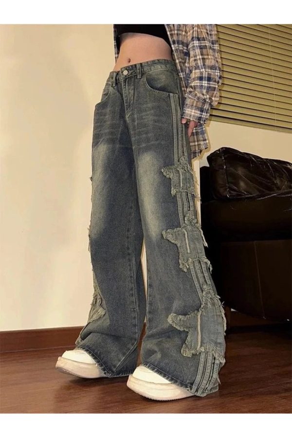 Fall Shredded Grunge Wide-Leg Jeans for Y2K Aesthetic Outfits