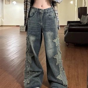 Fall Shredded Grunge Wide-Leg Jeans for Y2K Aesthetic Outfits