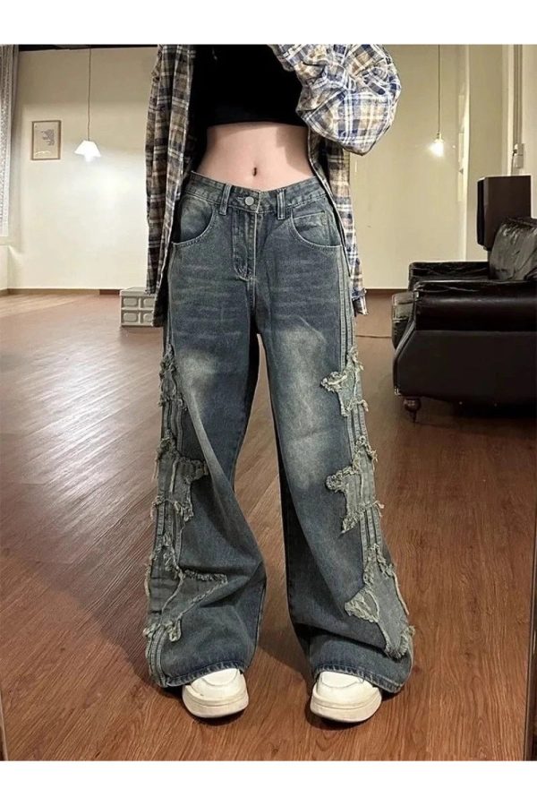 Fall Shredded Grunge Wide-Leg Jeans for Y2K Aesthetic Outfits