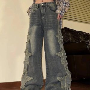 Fall Shredded Grunge Wide-Leg Jeans for Y2K Aesthetic Outfits