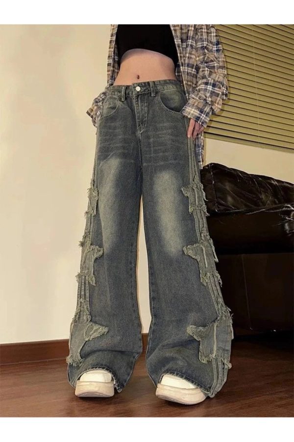 Fall Shredded Grunge Wide-Leg Jeans for Y2K Aesthetic Outfits