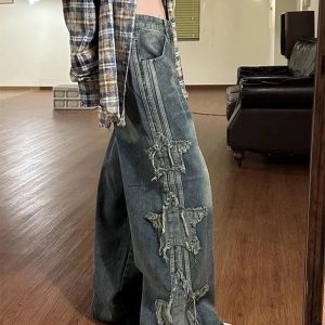 Fall Shredded Grunge Wide-Leg Jeans for Y2K Aesthetic Outfits