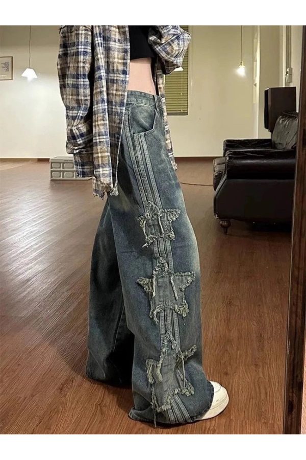 Fall Shredded Grunge Wide-Leg Jeans for Y2K Aesthetic Outfits