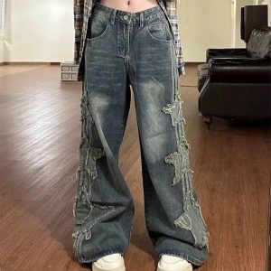 Fall Shredded Grunge Wide-Leg Jeans for Y2K Aesthetic Outfits