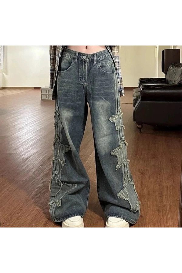 Fall Shredded Grunge Wide-Leg Jeans for Y2K Aesthetic Outfits