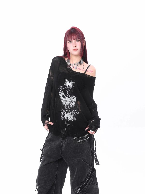 Fallen Butterfly Y2K Sweater: Embrace Coquette Aesthetic & Grunge Style