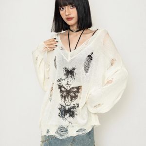 Fallen Butterfly Y2K Sweater: Embrace Coquette Aesthetic & Grunge Style