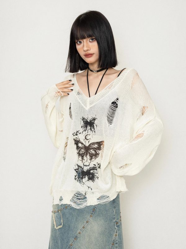 Fallen Butterfly Y2K Sweater: Embrace Coquette Aesthetic & Grunge Style