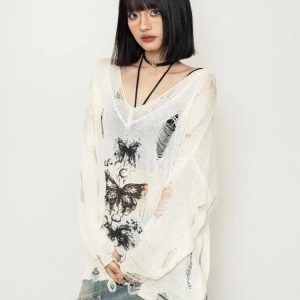 Fallen Butterfly Y2K Sweater: Embrace Coquette Aesthetic & Grunge Style