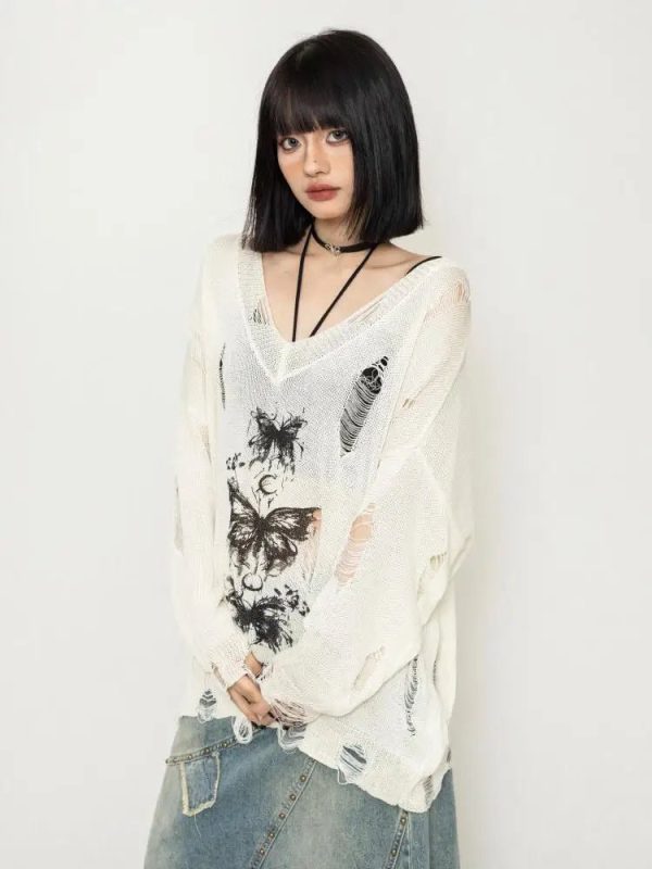 Fallen Butterfly Y2K Sweater: Embrace Coquette Aesthetic & Grunge Style