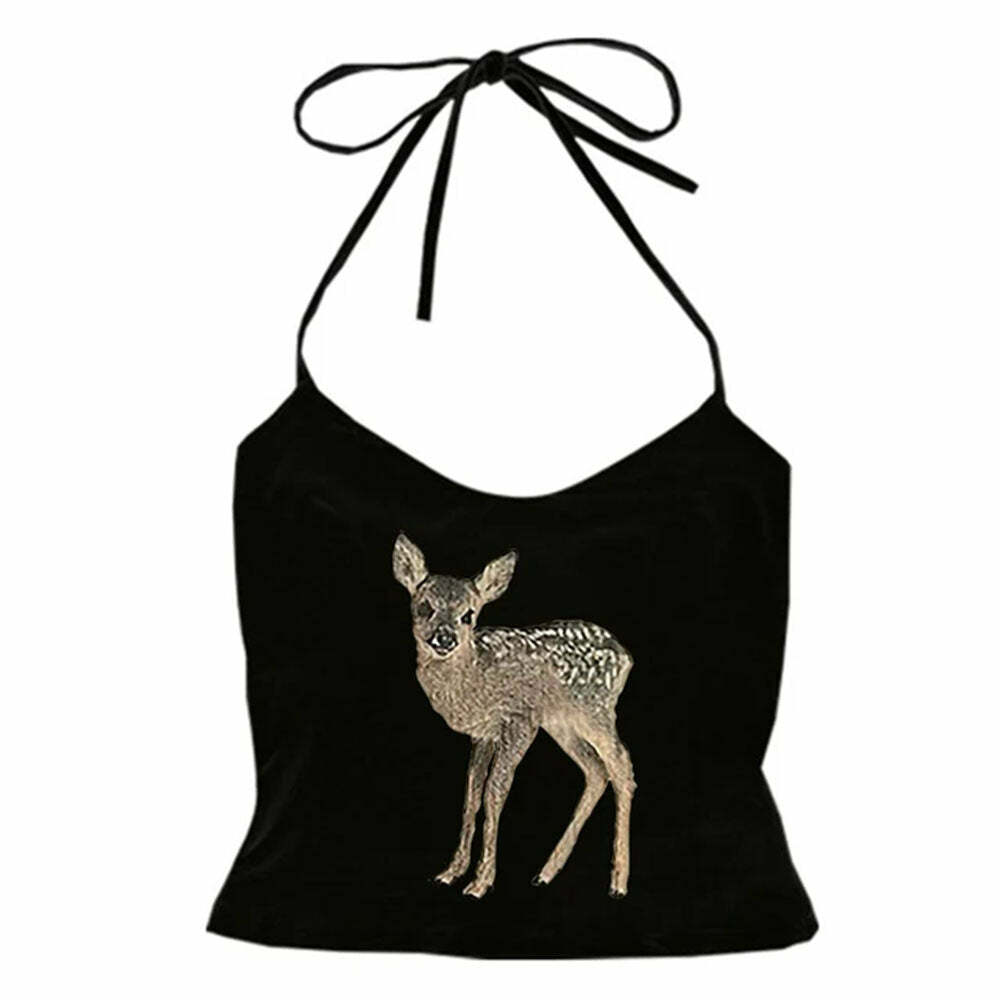 Fawn Print Y2K Aesthetic Halter Top for Cute Outfits and Grunge Style