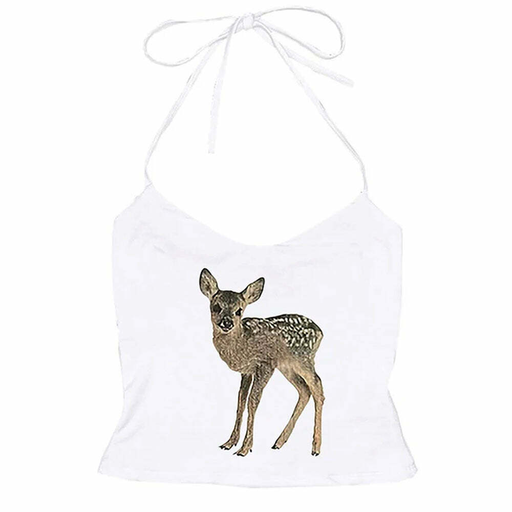 Fawn Print Y2K Aesthetic Halter Top for Cute Outfits and Grunge Style