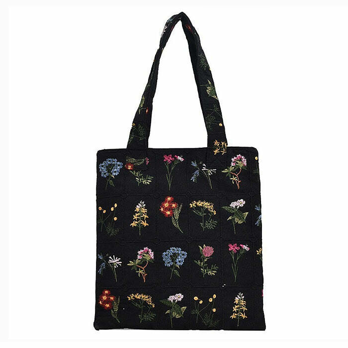 Floral Embroidered Tote Bag for Y2K Aesthetic & Coquette Style Lovers