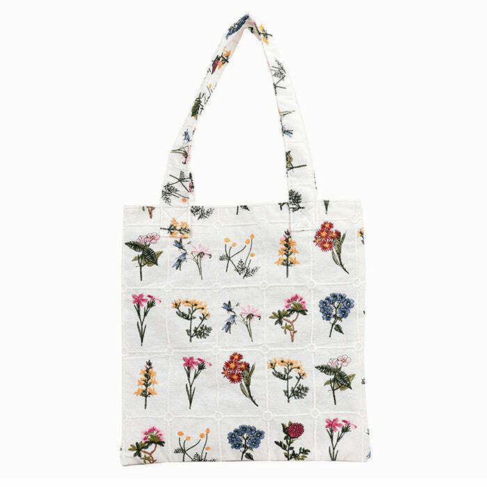 Floral Embroidered Tote Bag for Y2K Aesthetic & Coquette Style Lovers