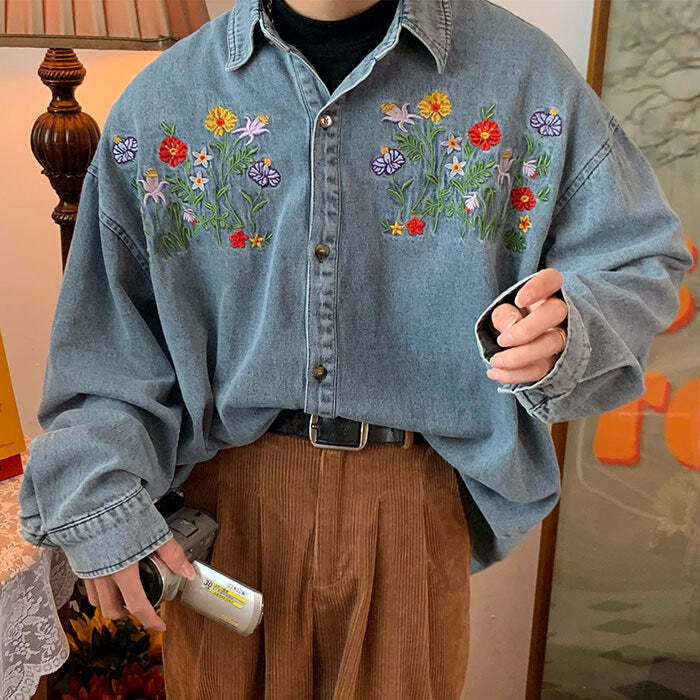 Floral Embroidery Vintage Denim Shirt for Y2K Aesthetic Outfits