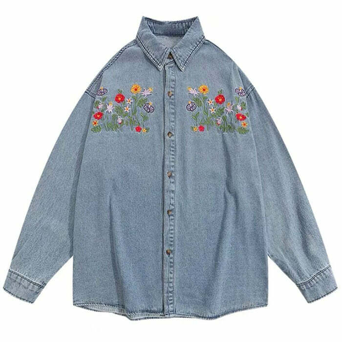 Floral Embroidery Vintage Denim Shirt for Y2K Aesthetic Outfits