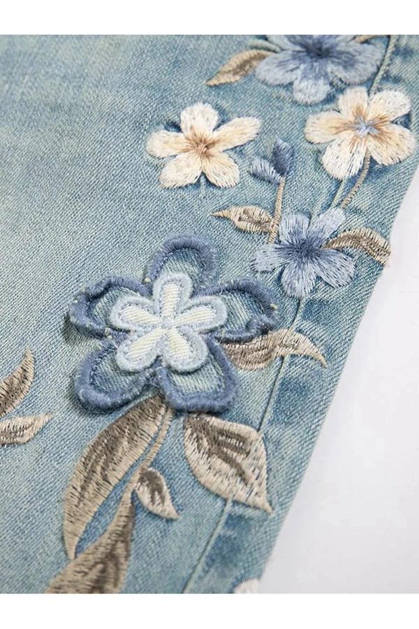 Floral Meadow Embroidered Jeans for Y2K Aesthetic and Coquette Style