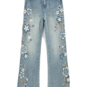 Floral Meadow Embroidered Jeans for Y2K Aesthetic and Coquette Style