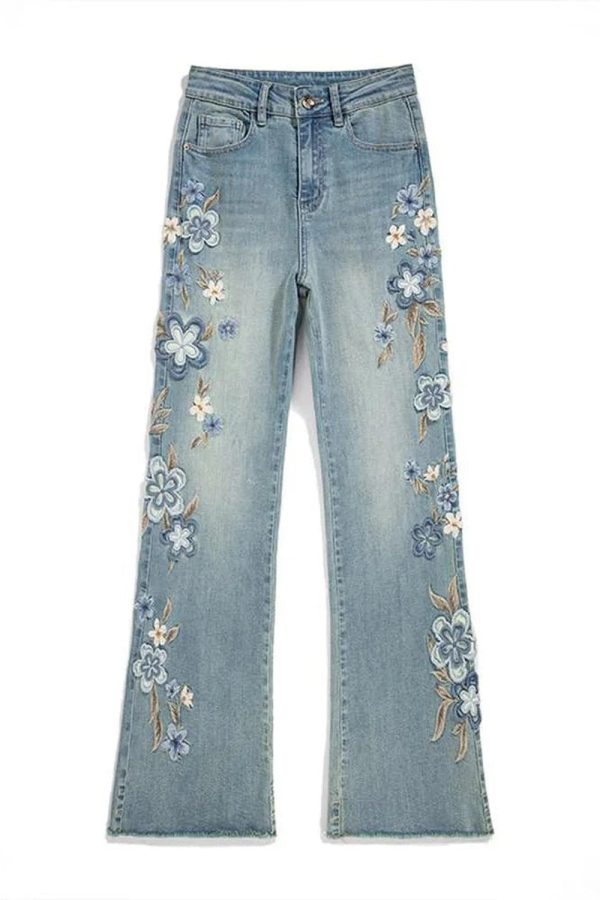 Floral Meadow Embroidered Jeans for Y2K Aesthetic and Coquette Style