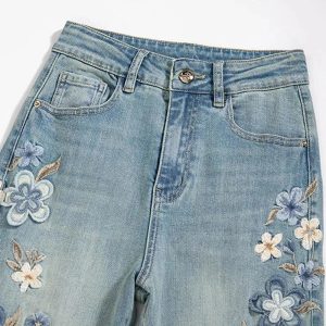 Floral Meadow Embroidered Jeans for Y2K Aesthetic and Coquette Style