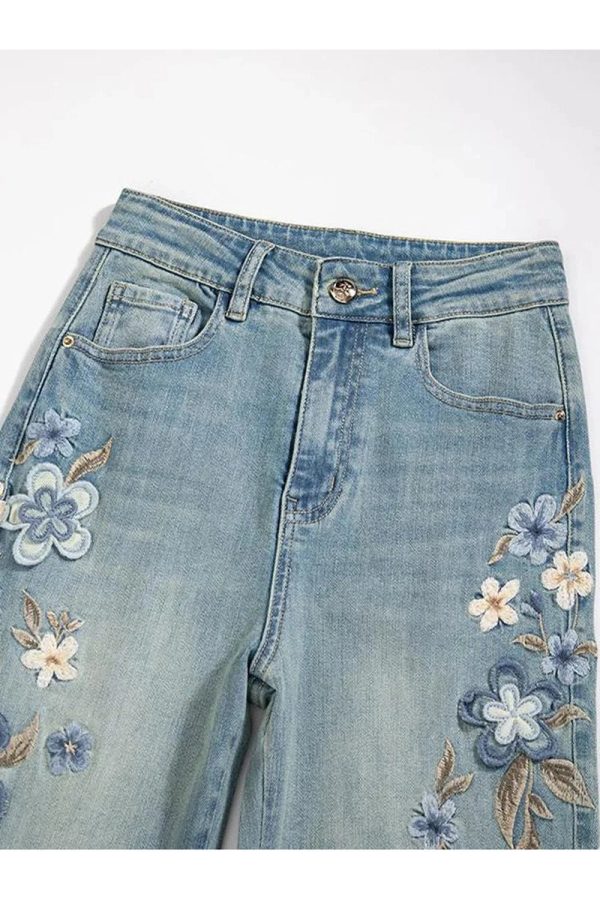 Floral Meadow Embroidered Jeans for Y2K Aesthetic and Coquette Style