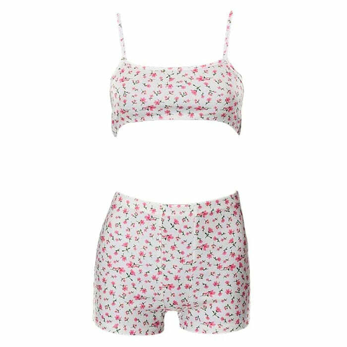 Floral Ribbed Y2K Top & Shorts Set for Cute Aesthetic Outfits