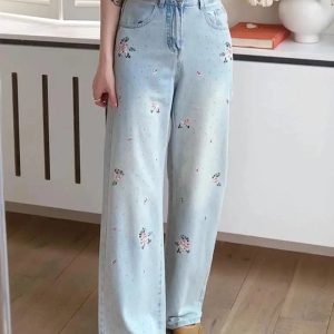 Floral Wide-Leg Jeans for Y2K Aesthetic and Coquette Style Outfits