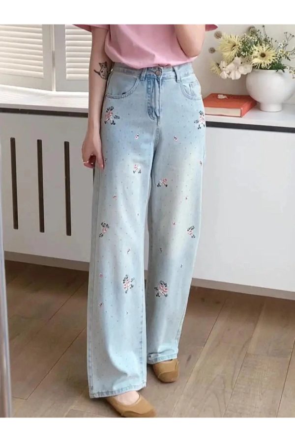 Floral Wide-Leg Jeans for Y2K Aesthetic and Coquette Style Outfits