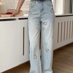 Floral Wide-Leg Jeans for Y2K Aesthetic and Coquette Style Outfits