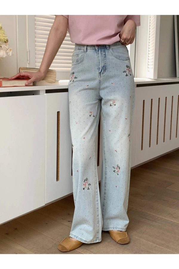 Floral Wide-Leg Jeans for Y2K Aesthetic and Coquette Style Outfits