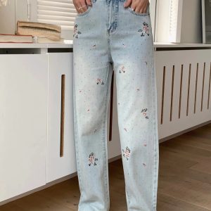 Floral Wide-Leg Jeans for Y2K Aesthetic and Coquette Style Outfits