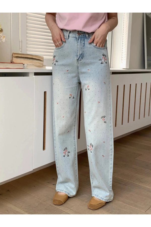 Floral Wide-Leg Jeans for Y2K Aesthetic and Coquette Style Outfits