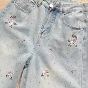 Floral Wide-Leg Jeans for Y2K Aesthetic and Coquette Style Outfits