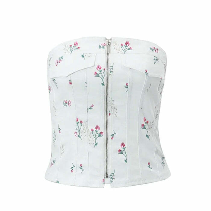 Floral Zip Up Corset Top - Y2K Aesthetic Cute Top for Trendy Outfits