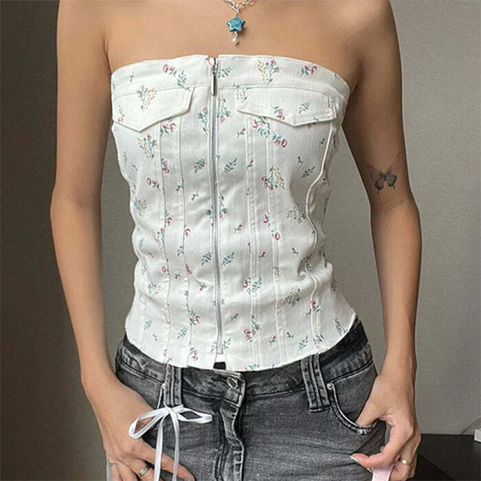 Floral Zip Up Corset Top - Y2K Aesthetic Cute Top for Trendy Outfits