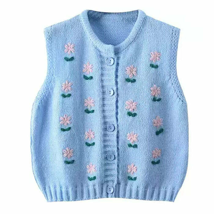 Flower Embroidery Blue Knit Vest - Y2K Aesthetic Cute Top for Fall