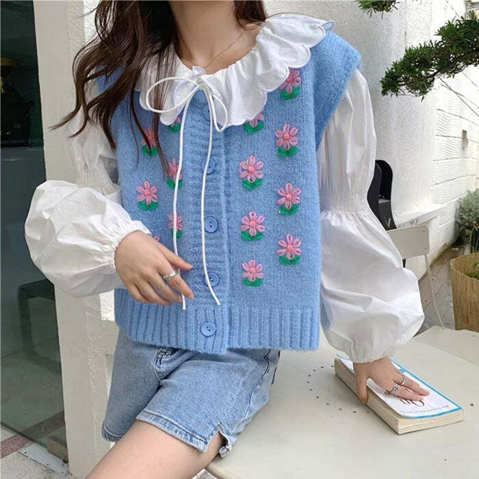 Flower Embroidery Blue Knit Vest - Y2K Aesthetic Cute Top for Fall