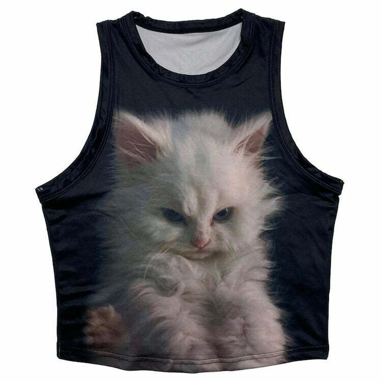 Fluffy Moody Kitten Baby Tee - Y2K Aesthetic Cute Top for Cozy Vibes