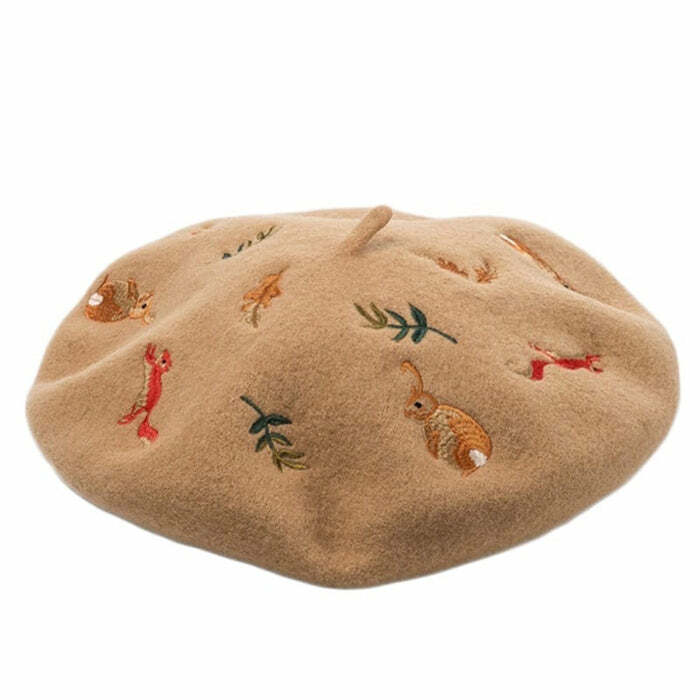 Forest Embroidered Beret for Y2K Aesthetic & Coquette Style Outfits