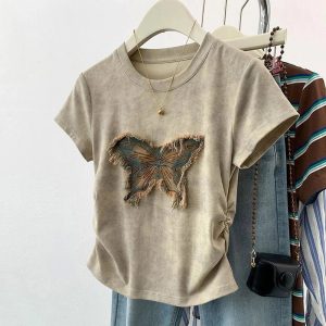 Frayed Butterfly Patch Top - Y2K Aesthetic Cute Top for Trendy Outfits