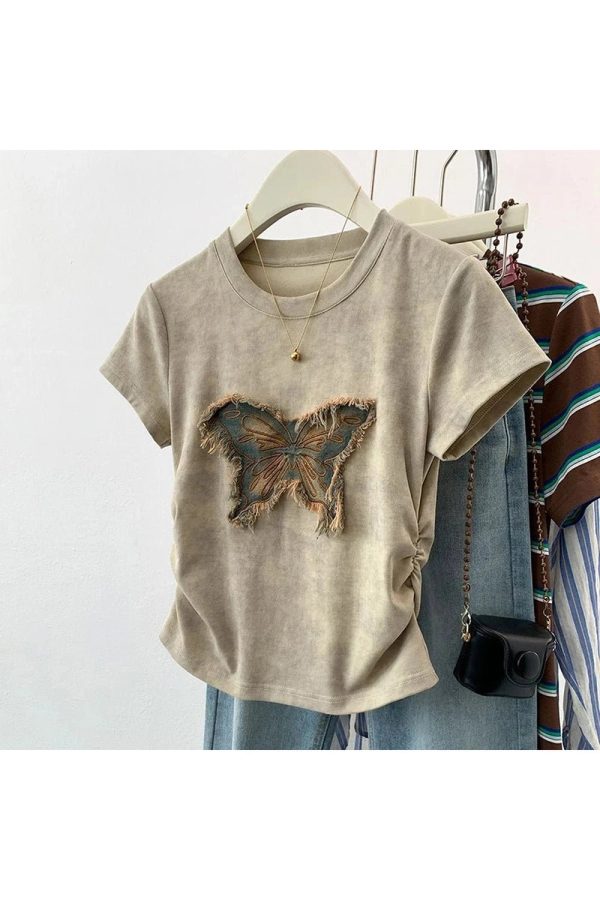 Frayed Butterfly Patch Top - Y2K Aesthetic Cute Top for Trendy Outfits