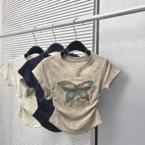 Frayed Butterfly Patch Top - Y2K Aesthetic Cute Top for Trendy Outfits