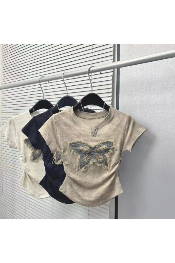 Frayed Butterfly Patch Top - Y2K Aesthetic Cute Top for Trendy Outfits