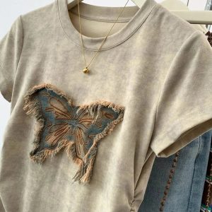 Frayed Butterfly Patch Top - Y2K Aesthetic Cute Top for Trendy Outfits