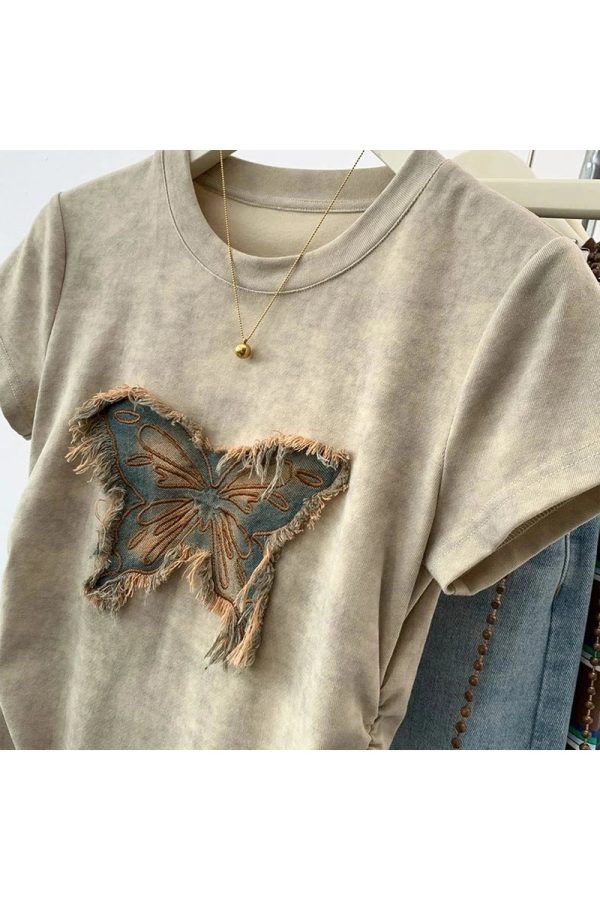 Frayed Butterfly Patch Top - Y2K Aesthetic Cute Top for Trendy Outfits