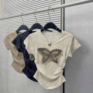 Frayed Butterfly Patch Top - Y2K Aesthetic Cute Top for Trendy Outfits