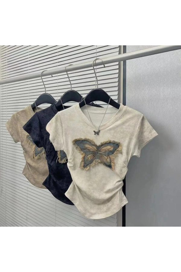 Frayed Butterfly Patch Top - Y2K Aesthetic Cute Top for Trendy Outfits