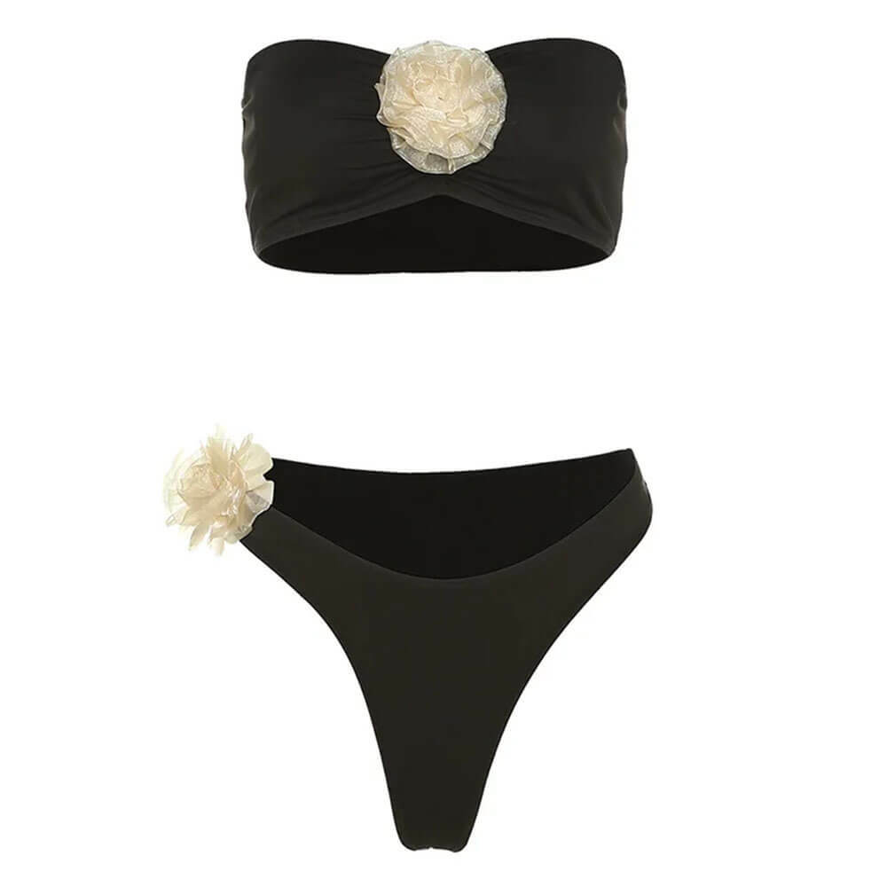 French Rose Y2K Aesthetic Bandeau Bikini Set for Trendy Summer Vibes